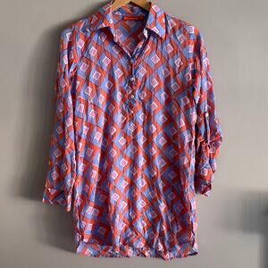 OLIPHANT Pink Orange Chevron Print Button Up Collar Tunic Shirt Cover Up XS